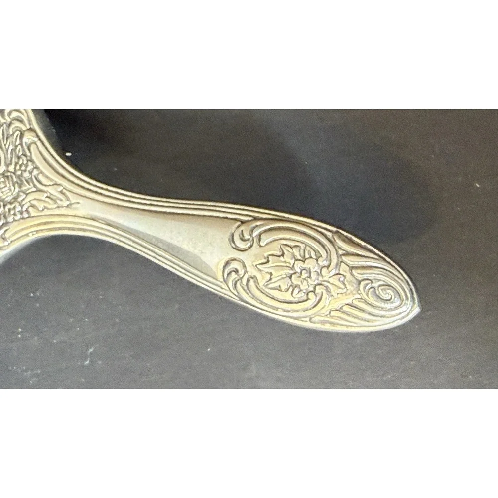 Vintage Vanity Set of 3 Repousse Floral Silver Tone Mirror, Brush & Comb EUC